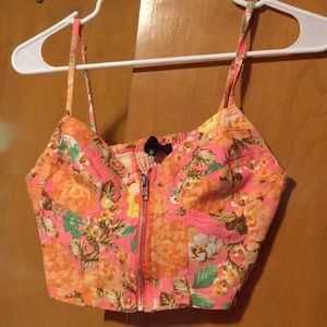 Pink Tropical Patterned Zip-Up Crop Top